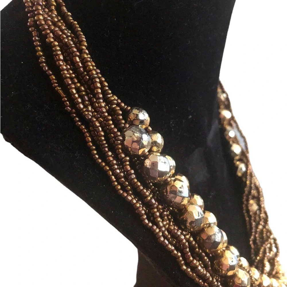 Disco Gold Bronze‎ Layered Beaded Accent Necklace 19 in